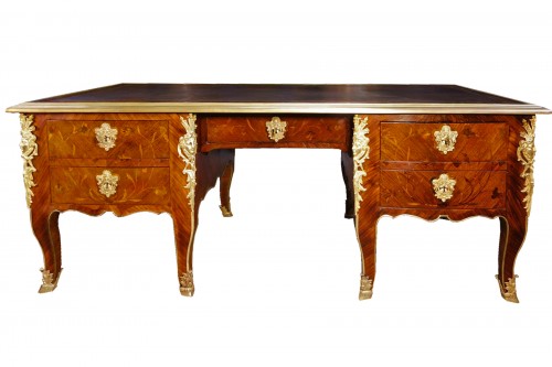Large desk "Face to Face" in floral marquetry opening with 9 drawers