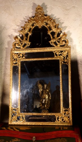 Antiquités - Grand miroir Régence à parcloses aux oiseaux