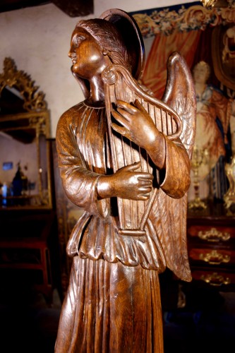 Large couple of angels in carved wood - 