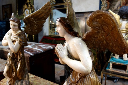 Pair of polychrome wooden angels - 