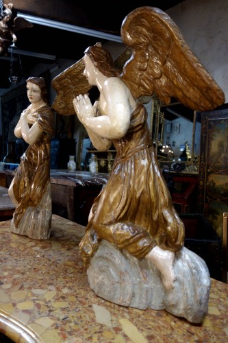 Pair of polychrome wooden angels - 