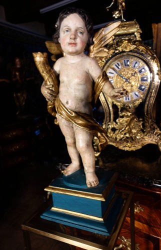 Sculpture  - Pair of polychrome wood cerofera angels on saddles