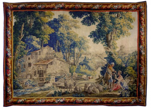 Large Aubusson tapestry: bucolic fishing scene, workshop of Jean Dumonteil