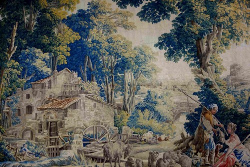 Antiquités - Large Aubusson tapestry: bucolic fishing scene, workshop of Jean Dumonteil