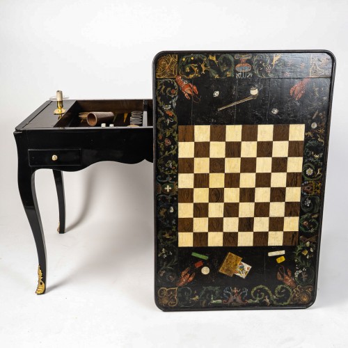 Mobilier Table à Jeux - Table à jeux, échecs, dames et Tric-Trac en marqueterie et peinture époque Louis XV