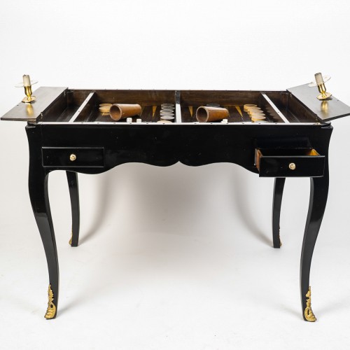 Antiquités - Table à jeux, échecs, dames et Tric-Trac en marqueterie et peinture époque Louis XV