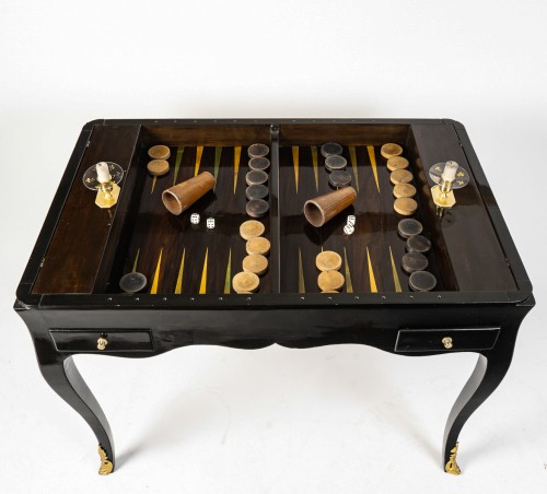 Antiquités - Table à jeux, échecs, dames et Tric-Trac en marqueterie et peinture époque Louis XV