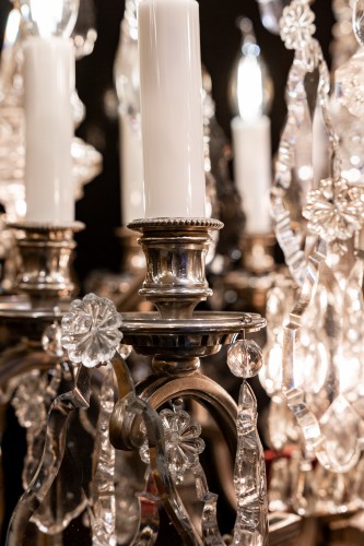 Antiquités - Henri Vian (1860-1905) et Baccarat - Lustre en bronze argenté de style Louis XVI