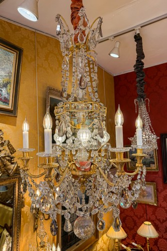 Lustre en bronze ciselé et doré à décor de cristal signé Baccarat - Luminaires Style Napoléon III