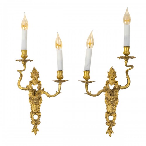 Pair of French Louis XV Period Gilt Bronze Sconces with C Crown Mark circa 