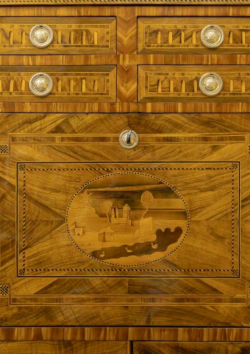 Antiquités - Secrétaire Louis XVI en bois de noyer à marqueterie de château moulin et fleurs