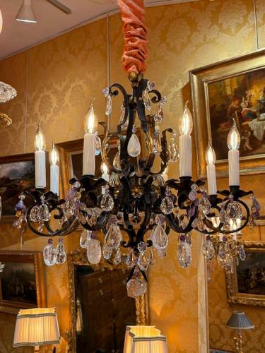 Lustre en fer forgé et doré décoré de cristal de roche et d'améthystes, vers 1870 - Luminaires Style 