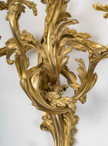19th century - Important Pair of Five-Light Gilt Bronze Wall Sconces circa 1880-1890