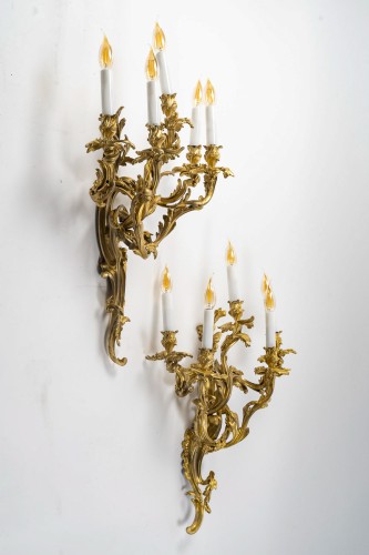  - Important Pair of Five-Light Gilt Bronze Wall Sconces circa 1880-1890