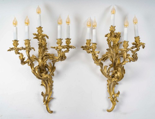 Antiquités - Important Pair of Five-Light Gilt Bronze Wall Sconces circa 1880-1890