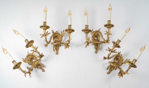Set of four Chiseled Bronze two-light sconces Italy circa 1850 - Lighting Style Napoléon III