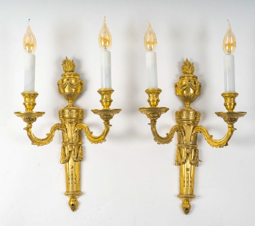 Pair of Louis XVI Period Chiseled and Gilded Bronze Two-Light Wall Sconces - Lighting Style Louis XVI