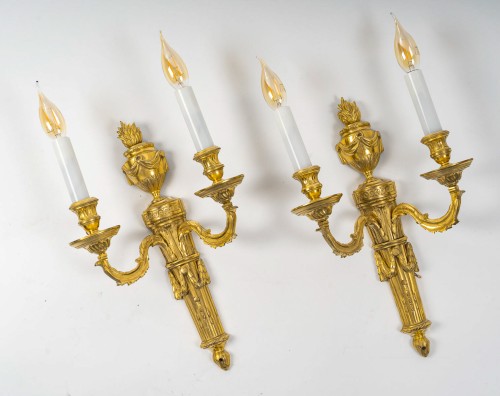 Lighting  - Pair of Louis XVI Period Chiseled and Gilded Bronze Two-Light Wall Sconces