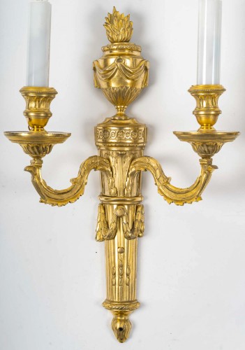 Louis XVI - Pair of Louis XVI Period Chiseled and Gilded Bronze Two-Light Wall Sconces