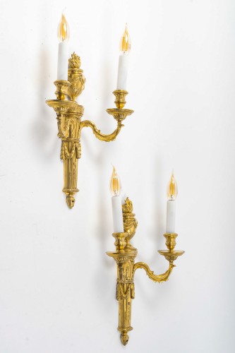 Antiquités - Pair of Louis XVI Period Chiseled and Gilded Bronze Two-Light Wall Sconces