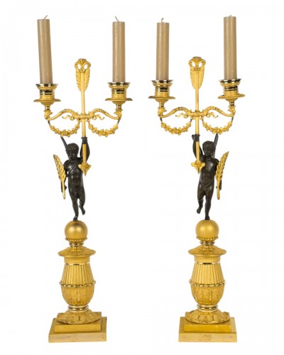 François Louis Savart Pair of Candelabras with Winged Cupids Empire Period