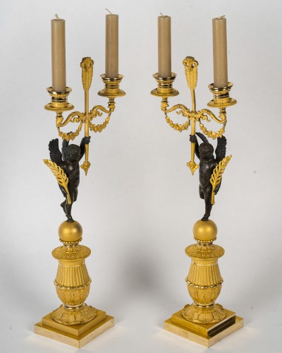 Lighting  - François Louis Savart Pair of Candelabras with Winged Cupids Empire Period