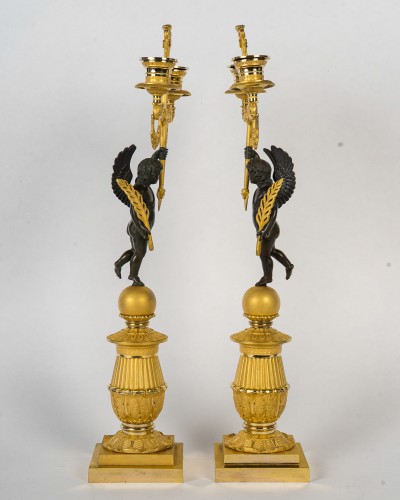 François Louis Savart Pair of Candelabras with Winged Cupids Empire Period - 