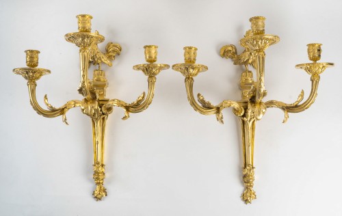 Lighting  - Pair of 19th century Gilt Bronze Wall Appliques with Rooster