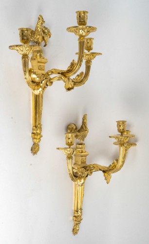 Antiquités - Pair of 19th century Gilt Bronze Wall Appliques with Rooster