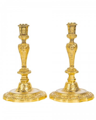 Henri Picard - Pair of French Regence Style Gilt Bronze Candlesticks