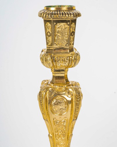 Antiquités - Henri Picard - Pair of French Regence Style Gilt Bronze Candlesticks