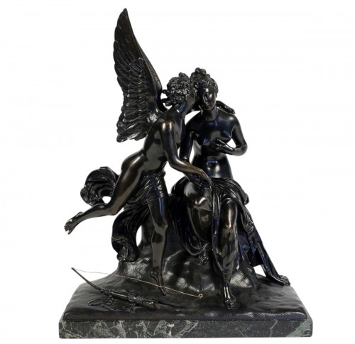 Groupe en bronze à patine noire "Ange et Nymphe", époque Romantique vers 1830-1840
