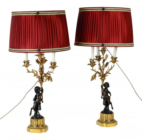 Pair of Candelabras with Faun Decor, Mounted as Lamps