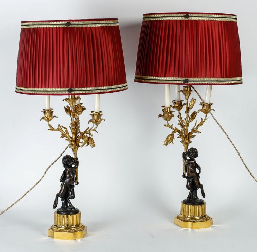 Pair of Candelabras with Faun Decor, Mounted as Lamps - Lighting Style 