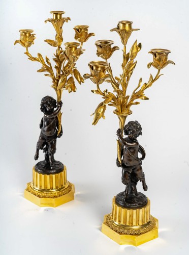 Antiquités - Pair of Candelabras with Faun Decor, Mounted as Lamps