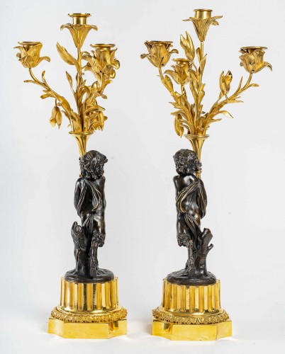 Antiquités - Pair of Candelabras with Faun Decor, Mounted as Lamps
