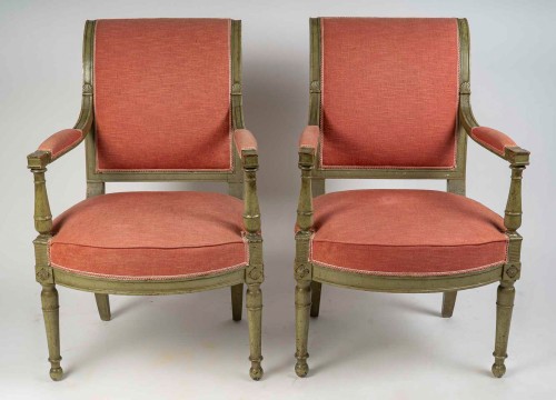Pair of French Directoire Period Green Lacquered Beech Armchairs - Seating Style Directoire