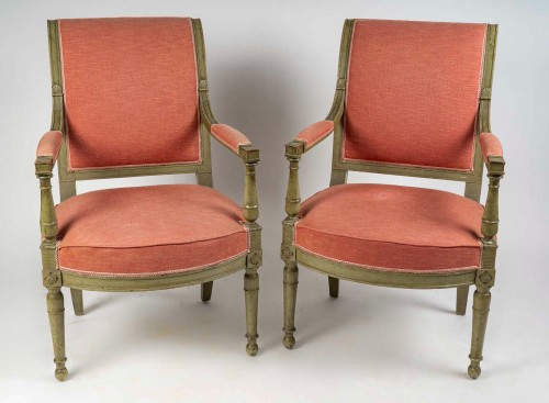 Seating  - Pair of French Directoire Period Green Lacquered Beech Armchairs