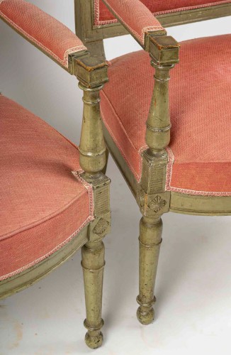 Pair of French Directoire Period Green Lacquered Beech Armchairs - 