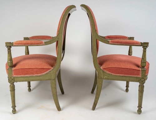 Pair of French Directoire Period Green Lacquered Beech Armchairs - Directoire