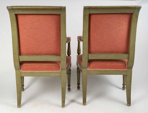 Directoire - Pair of French Directoire Period Green Lacquered Beech Armchairs