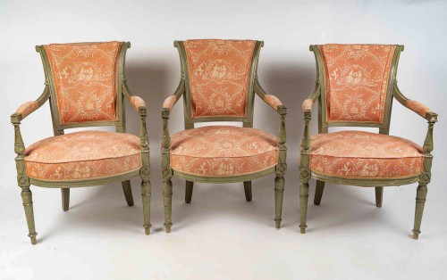 Set of three French Directoire Period Green Lacquered Beech Armchairs - Seating Style Directoire
