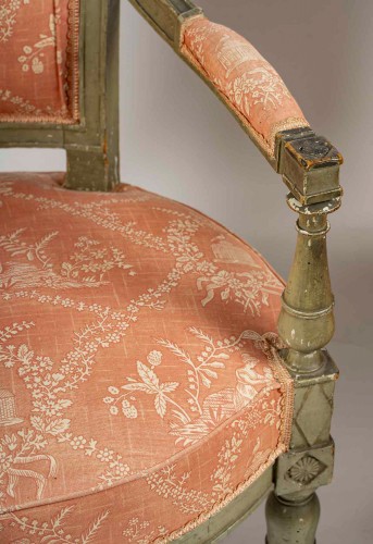 Set of three French Directoire Period Green Lacquered Beech Armchairs - 