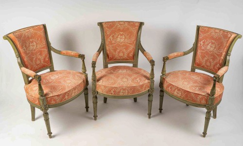 18th century - Set of three French Directoire Period Green Lacquered Beech Armchairs