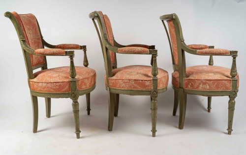 Set of three French Directoire Period Green Lacquered Beech Armchairs - Directoire