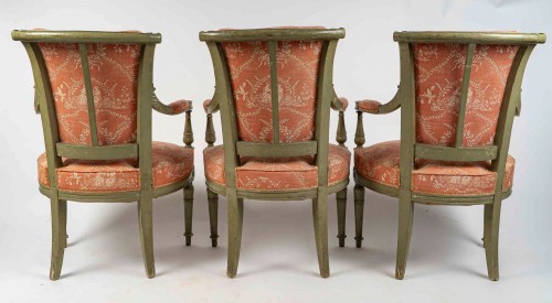 Antiquités - Set of three French Directoire Period Green Lacquered Beech Armchairs