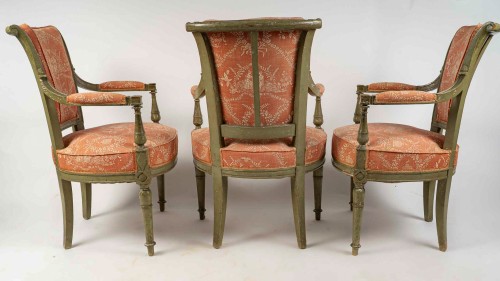 Antiquités - Set of three French Directoire Period Green Lacquered Beech Armchairs