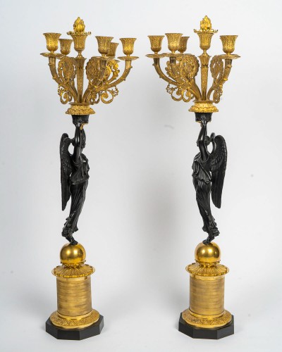 Lighting  - Large Pair of Empire Period Candelabra , Featuring Winged Victories