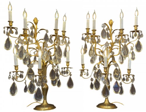 Paire d’importantes girandoles en bronze doré et décor de cristal taillé vers 1890
