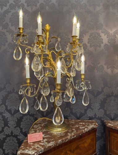 Paire d’importantes girandoles en bronze doré et décor de cristal taillé vers 1890 - MLD Antiquités